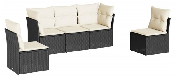 5 részes fekete polyrattan kerti kanapészett párnákkal