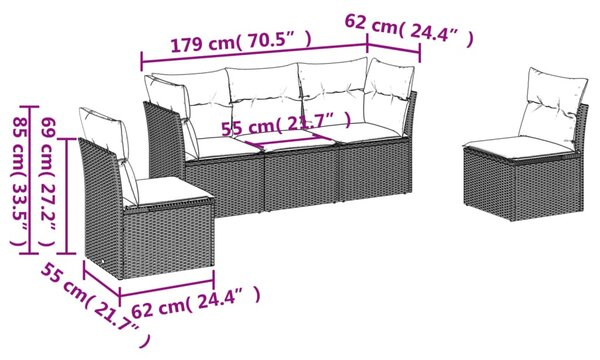 5 részes fekete polyrattan kerti kanapészett párnákkal
