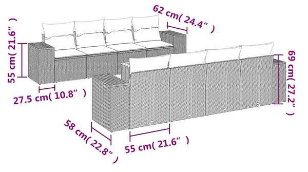 9 részes fekete polyrattan kerti ülőgarnitúra párnákkal