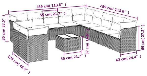 12 részes fekete polyrattan kerti ülőgarnitúra párnákkal