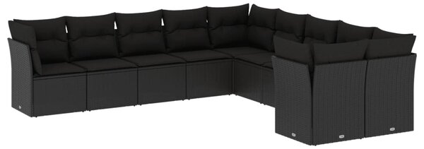 10 részes fekete polyrattan kerti ülőgarnitúra párnákkal