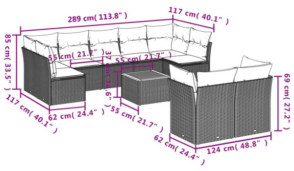 10 részes szürke polyrattan kerti ülőgarnitúra párnákkal