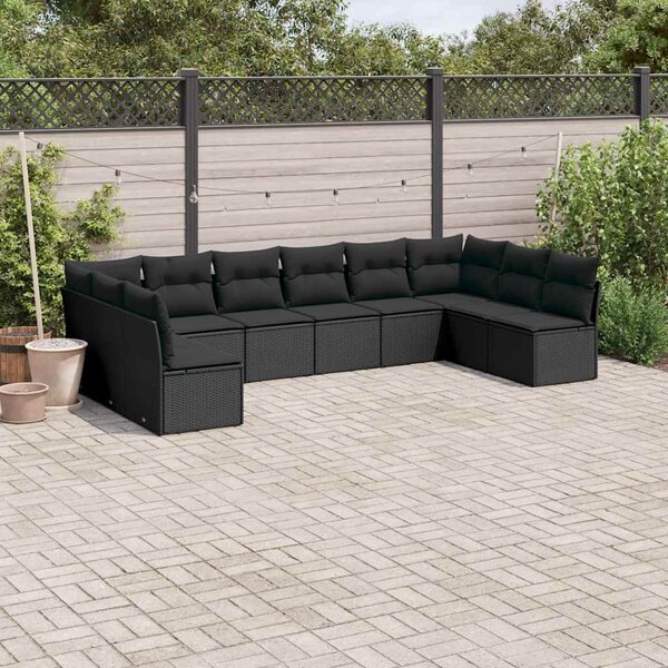 10 részes fekete polyrattan kerti ülőgarnitúra párnákkal