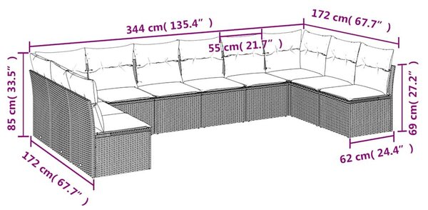 10 részes fekete polyrattan kerti ülőgarnitúra párnákkal