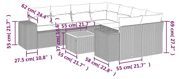 9 részes fekete polyrattan kerti ülőgarnitúra párnákkal