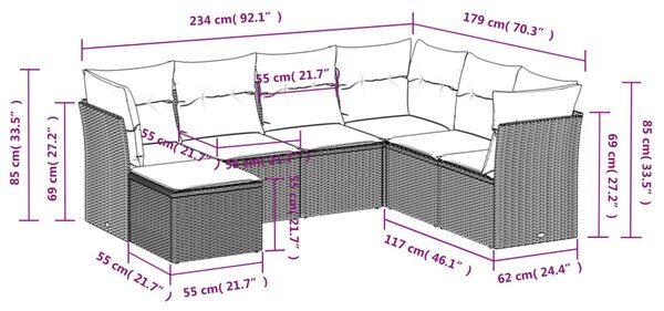 7 részes bézs polyrattan kerti ülőgarnitúra párnákkal
