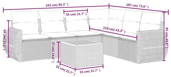 7 részes fekete polyrattan kerti ülőgarnitúra párnával