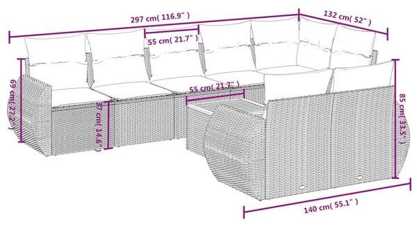 9 részes bézs polyrattan kerti ülőgarnitúra párnákkal