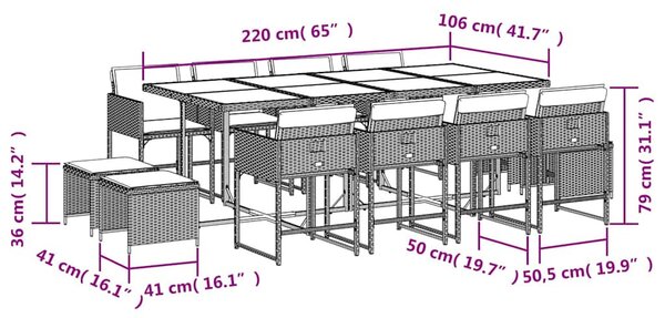 13részes vegyes bézs polyrattan kerti étkezőgarnitúra párnákkal