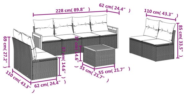 9 részes bézs polyrattan kerti ülőgarnitúra párnákkal