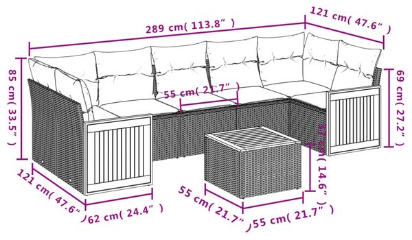 8 részes fekete polyrattan kerti ülőgarnitúra párnákkal