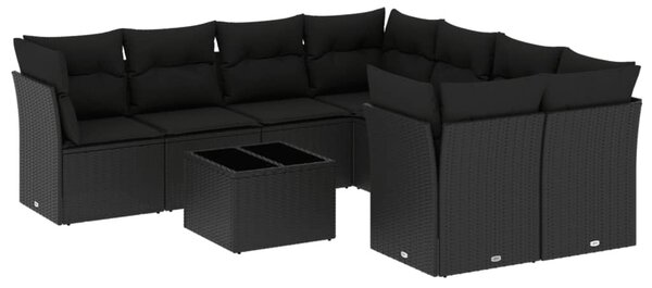 9 részes fekete polyrattan kerti ülőgarnitúra párnákkal
