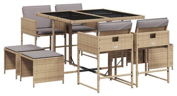 9 részes vegyes bézs polyrattan kerti étkezőgarnitúra párnákkal