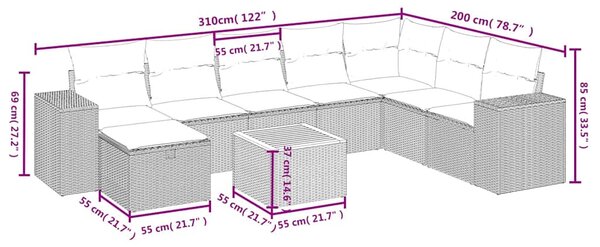 9 részes fekete polyrattan kerti ülőgarnitúra párnákkal