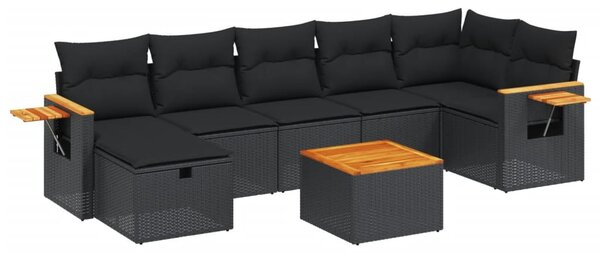 8 részes fekete polyrattan kerti ülőgarnitúra párnákkal