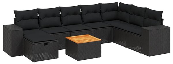 9 részes fekete polyrattan kerti ülőgarnitúra párnákkal