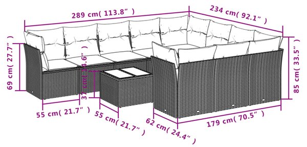 11 részes fekete polyrattan kerti ülőgarnitúra párnákkal