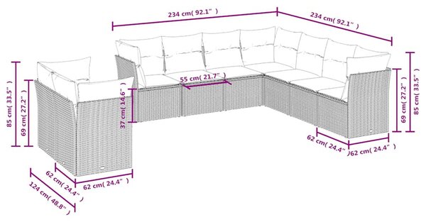 9 részes fekete polyrattan kerti ülőgarnitúra párnákkal