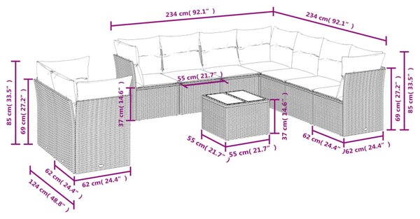 10 részes bézs polyrattan kerti ülőgarnitúra párnával