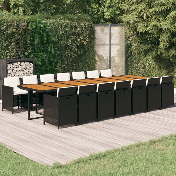 15 részes fekete polyrattan kerti étkezőgarnitúra párnákkal