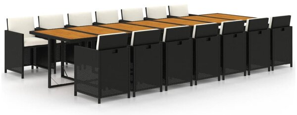 15 részes fekete polyrattan kerti étkezőgarnitúra párnákkal