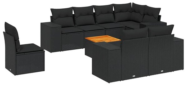 9 részes fekete polyrattan kerti ülőgarnitúra párnákkal