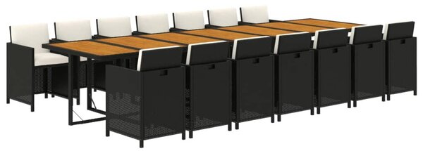15 részes fekete polyrattan kerti étkezőgarnitúra párnákkal
