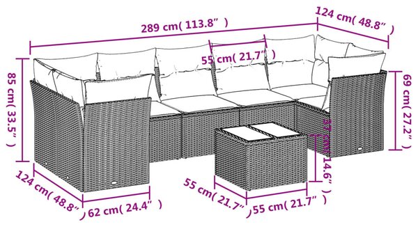 8 részes fekete polyrattan kerti ülőgarnitúra párnákkal