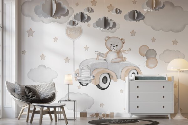 Fotótapéta Teddy maci vezet egy autót lufikkal, Modern fotótapéta, Modern fotótapéta, w03382 - Muralas.hu