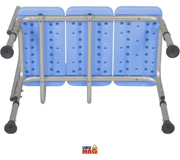Kádpad típusú szék kádba vagy zuhanyba való áthelyezéshez, Linomag®, Állítható magasságú, Cserélhető bal/jobb háttámlával és fogantyúval, Világoskék