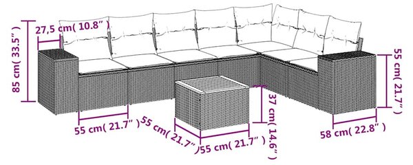 8 részes fekete polyrattan kerti ülőgarnitúra párnákkal