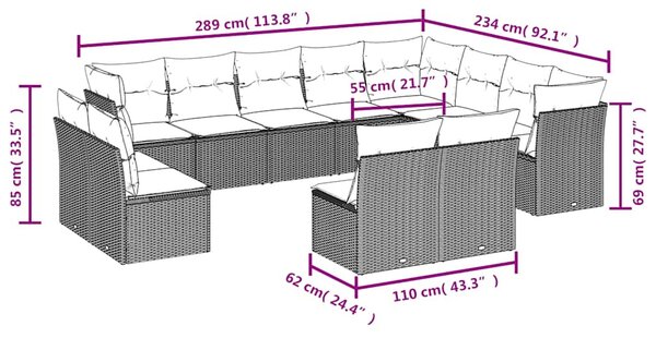 12 részes fekete polyrattan kerti ülőgarnitúra párnákkal