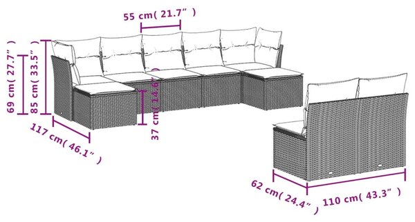 9 részes fekete polyrattan kerti ülőgarnitúra párnákkal