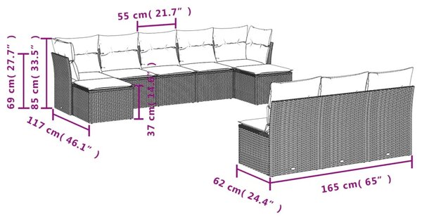 10 részes fekete polyrattan kerti ülőgarnitúra párnákkal