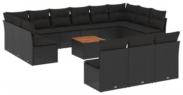 14 részes fekete polyrattan kerti ülőgarnitúra párnákkal
