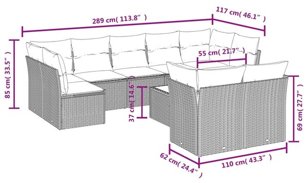 10 részes szürke polyrattan kerti ülőgarnitúra párnákkal