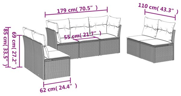 7 részes fekete polyrattan kerti ülőgarnitúra párnával
