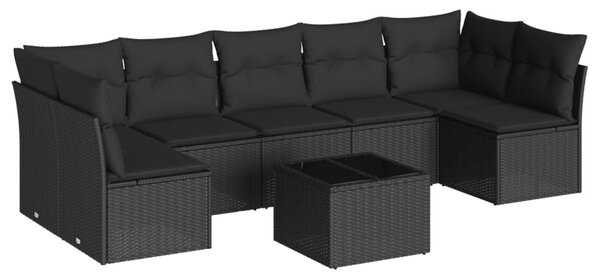 8 részes fekete polyrattan kerti ülőgarnitúra párnákkal