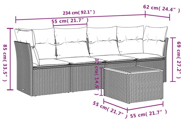 5 részes fekete polyrattan kerti kanapészett párnákkal