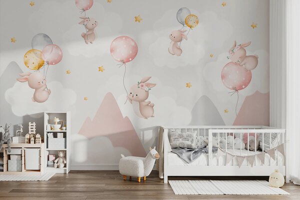 Fotótapéta Nyuszik csoportja, akik léggömböket tartanak az égen, Modern fotótapéta, Modern fotótapéta, w03375 - Muralas.hu