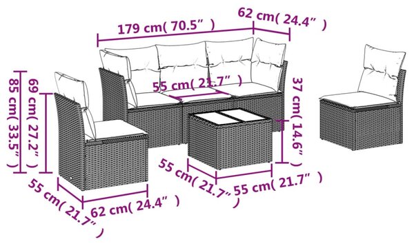 6 részes fekete polyrattan kerti ülőgarnitúra párnákkal