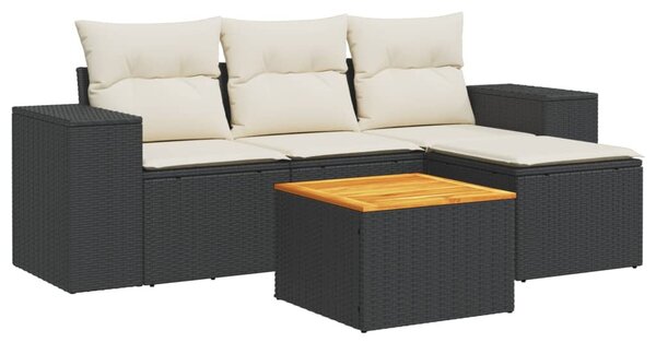 5 részes fekete polyrattan kerti kanapészett párnákkal