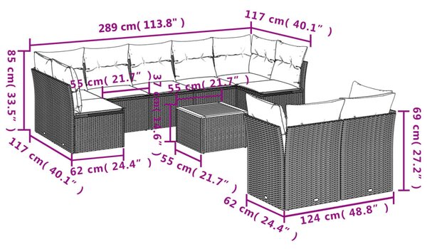 10 részes fekete polyrattan kerti ülőgarnitúra párnákkal