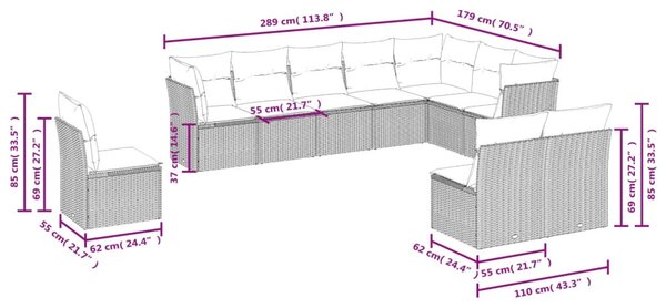 10 részes szürke polyrattan kerti ülőgarnitúra párnákkal