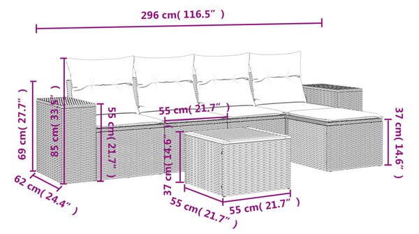 6 részes fekete polyrattan kerti ülőgarnitúra párnákkal