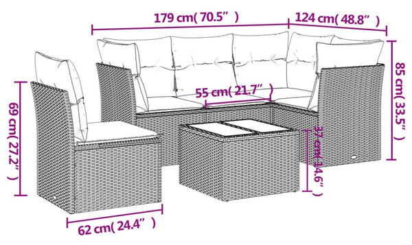 6 részes fekete polyrattan kerti ülőgarnitúra párnákkal