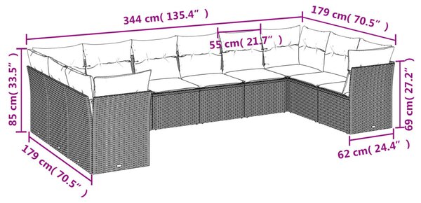 10 részes fekete polyrattan kerti ülőgarnitúra párnákkal