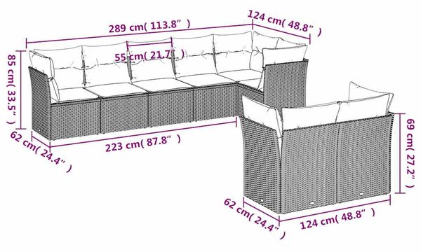 8 részes fekete polyrattan kerti ülőgarnitúra párnákkal