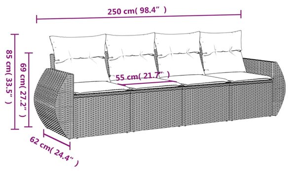 4 részes fekete polyrattan kerti ülőgarnitúra párnákkal