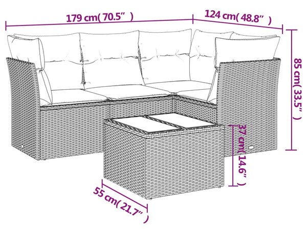 5 részes fekete polyrattan kerti kanapészett párnákkal